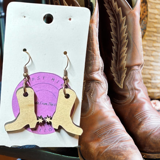 Cowboy Boot Laser Cut Lightweight Wood Earrings