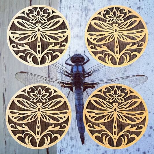 Dragonfly Laser Cut Lightweight Wood Coasters (Set of 4)