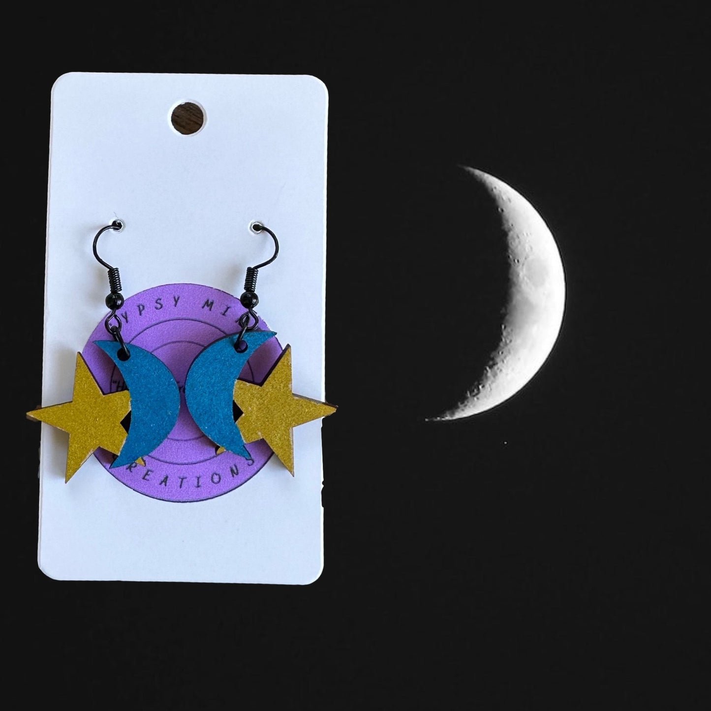 Moon & Star Laser Cut Lightweight Painted Wood Earrings