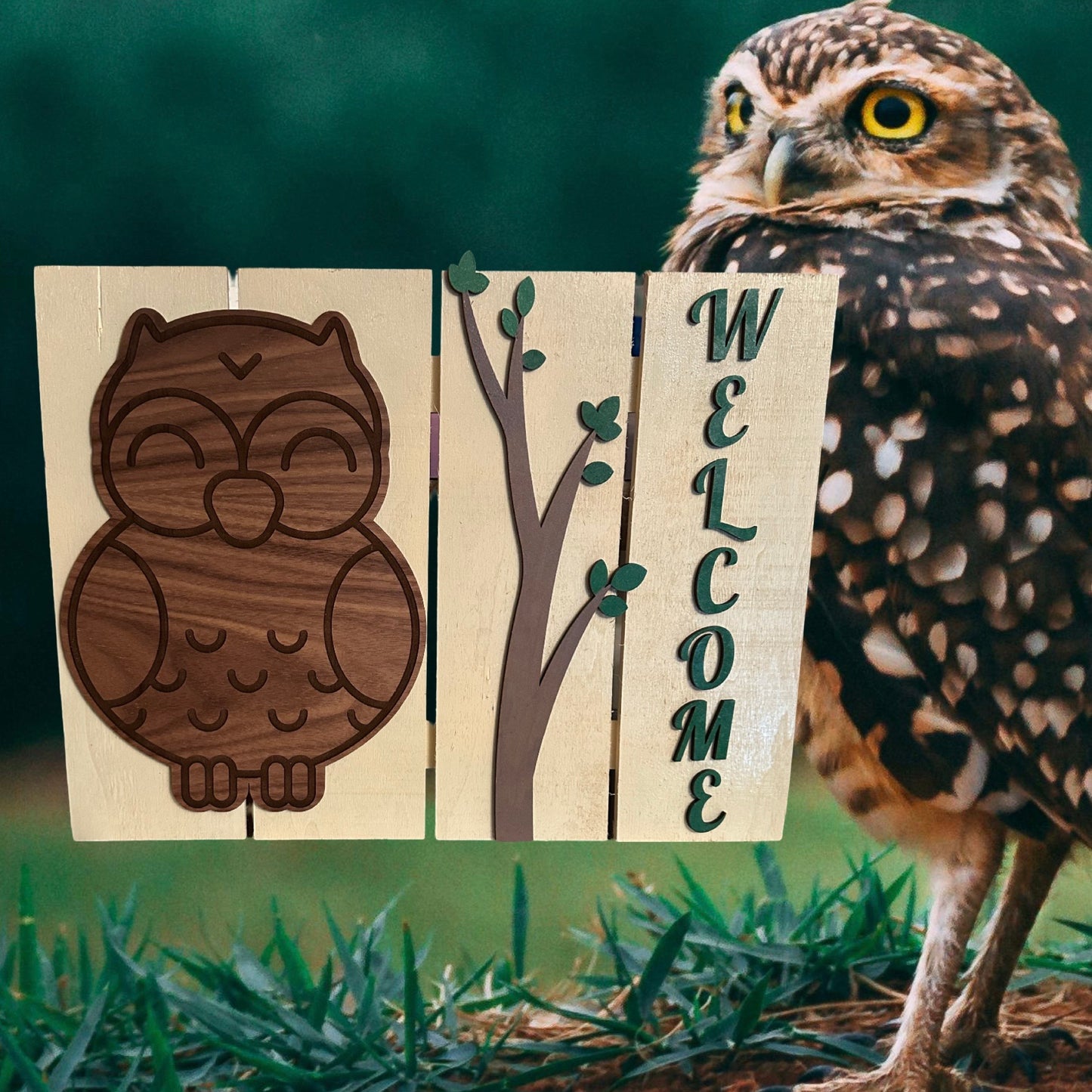 Owl Welcome Wood Slat Painted Sign