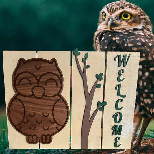 Owl Welcome Wood Slat Painted Sign