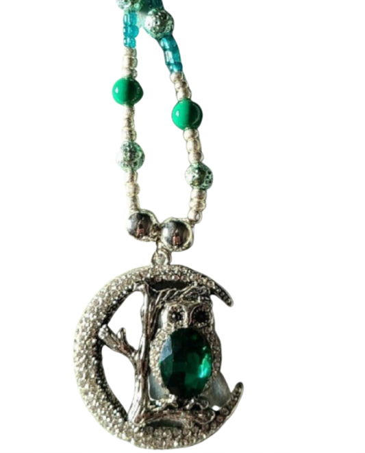 Owl and Moon Pendant Bead Necklace