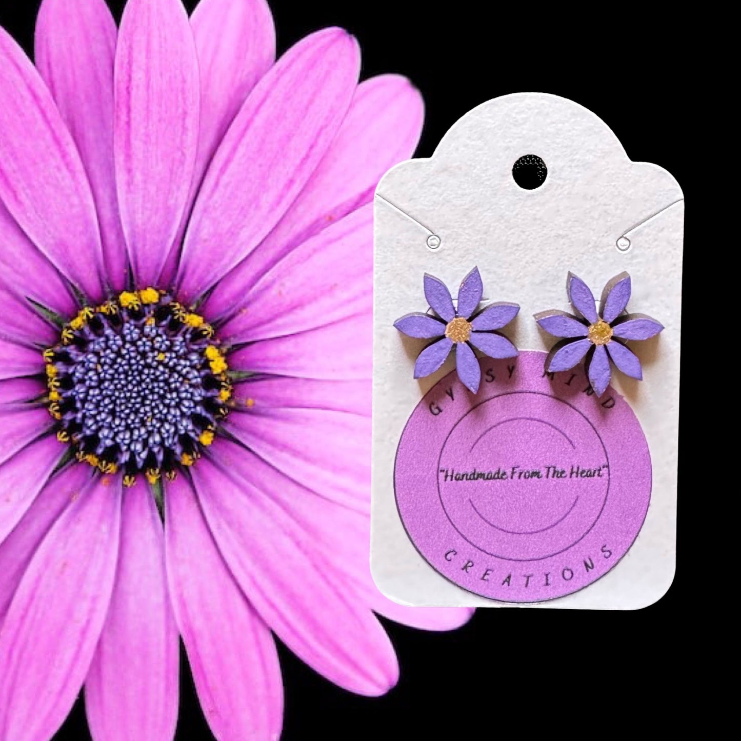 Purple Flower Laser Cut Lightweight Painted Stud Wood Earrings