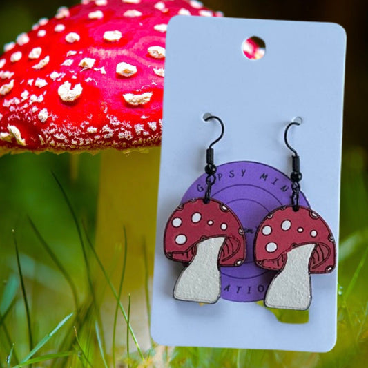 Round Mushroom Laser Cut Lightweight Painted Wood Earrings