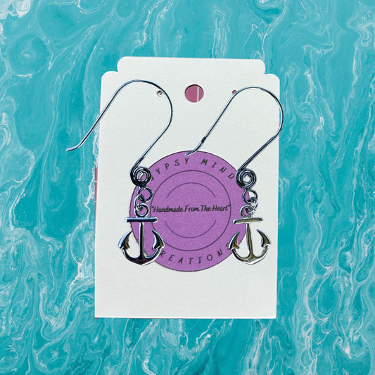 Silver Anchor Swirl Ear Wire Earrings