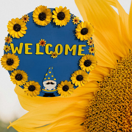 Welcome Gnome Sunflower Lightweight Painted Wood Sign