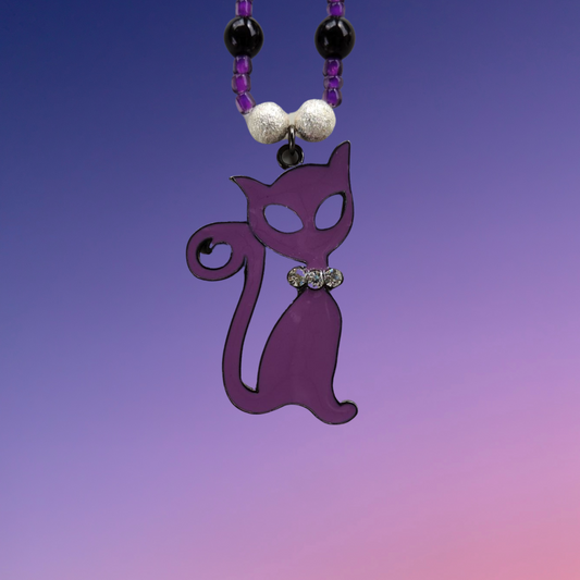 Purple Cat Pendant Bead Necklace