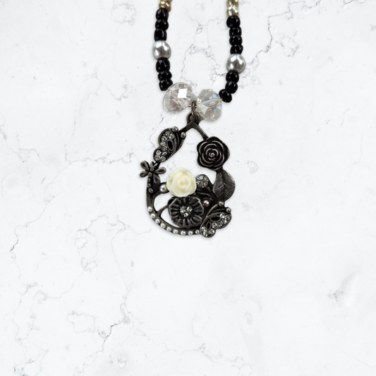 Silver & Black Flower Pendant Bead Necklace & Earring Set