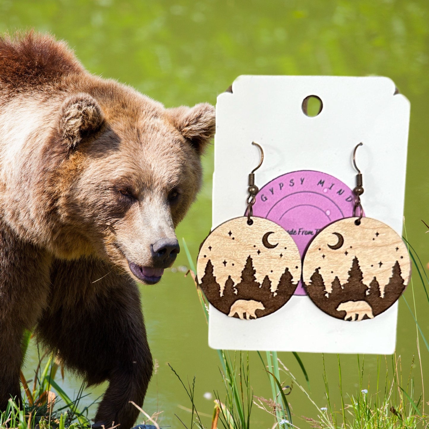 Bear In Forest Laser Cut Lightweight Wood Earrings