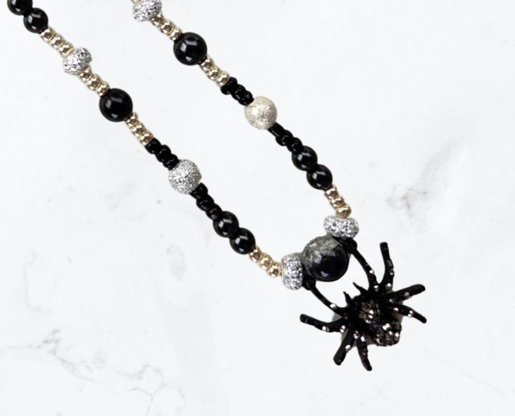 Black Spider Pendant Bead Necklace