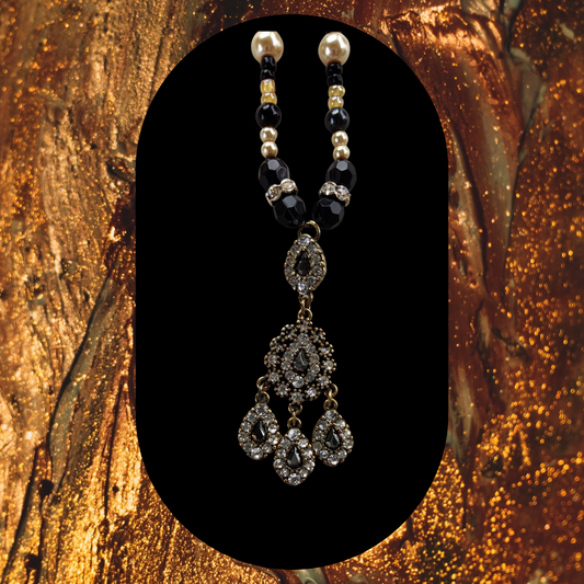 Black & Gold Chandelier Pendant Bead Necklace