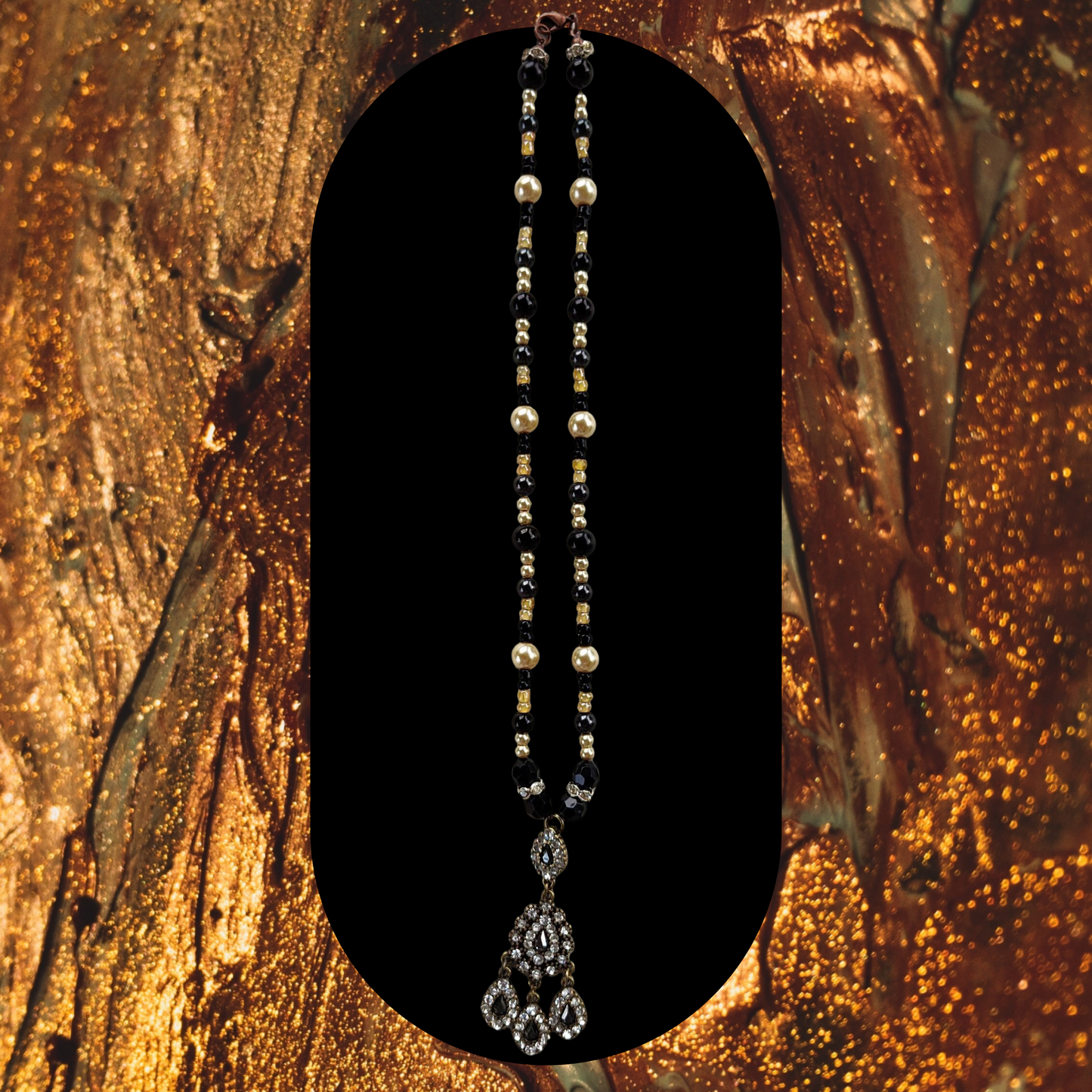 Black & Gold Chandelier Pendant Bead Necklace