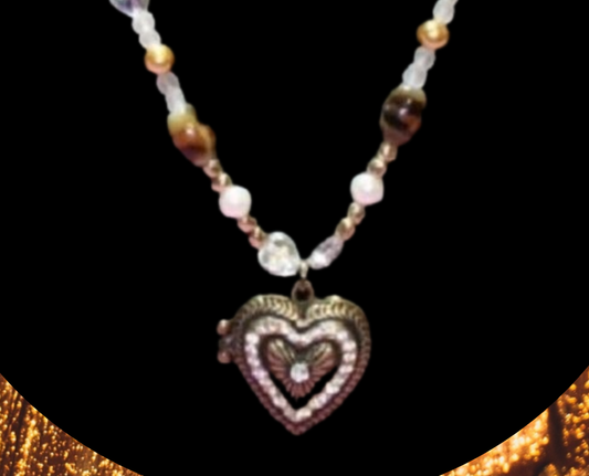 Brown & Gold Heart Locket Pendant Bead Necklace