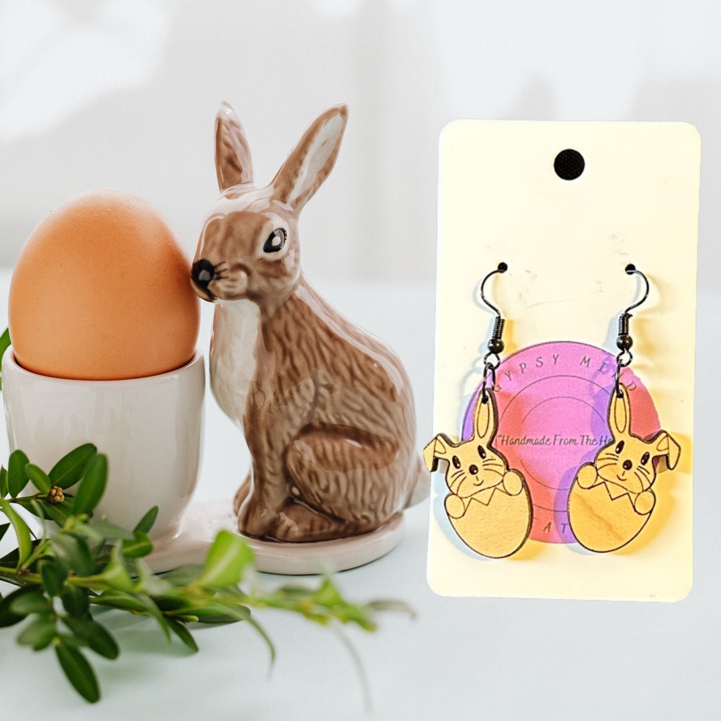 Bunny In Egg Laser Cut Lightweight Wood Earrings