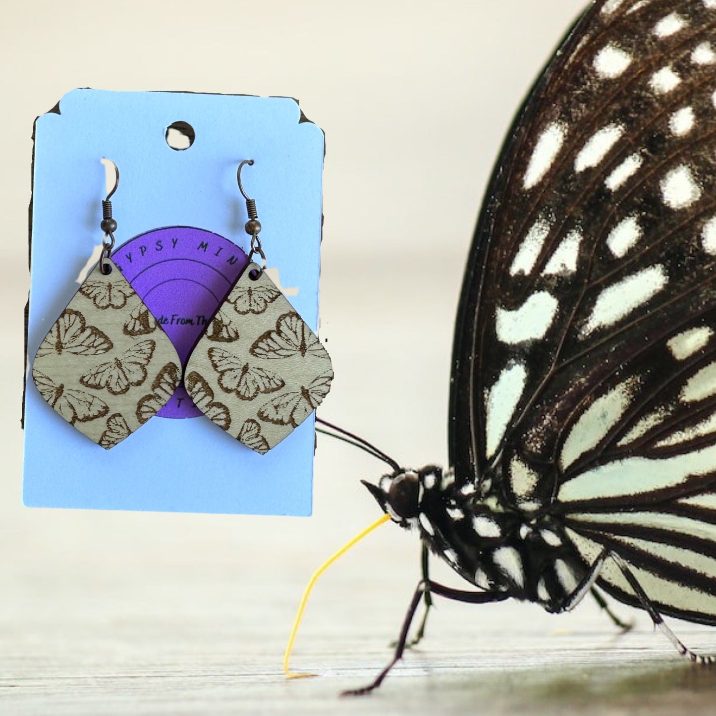 Butterfly Engraved Teardrop Laser Cut Lightweight Wood Earrings