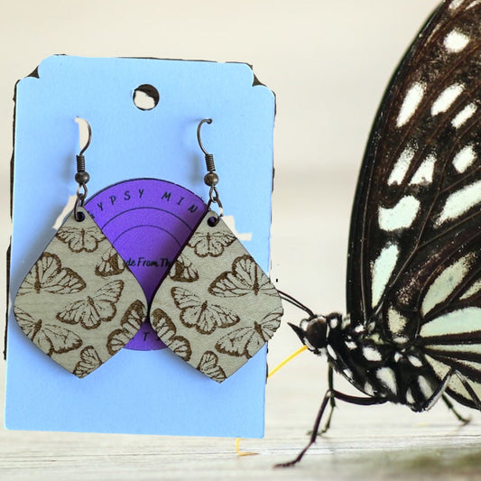 Butterfly Engraved Teardrop Laser Cut Lightweight Wood Earrings