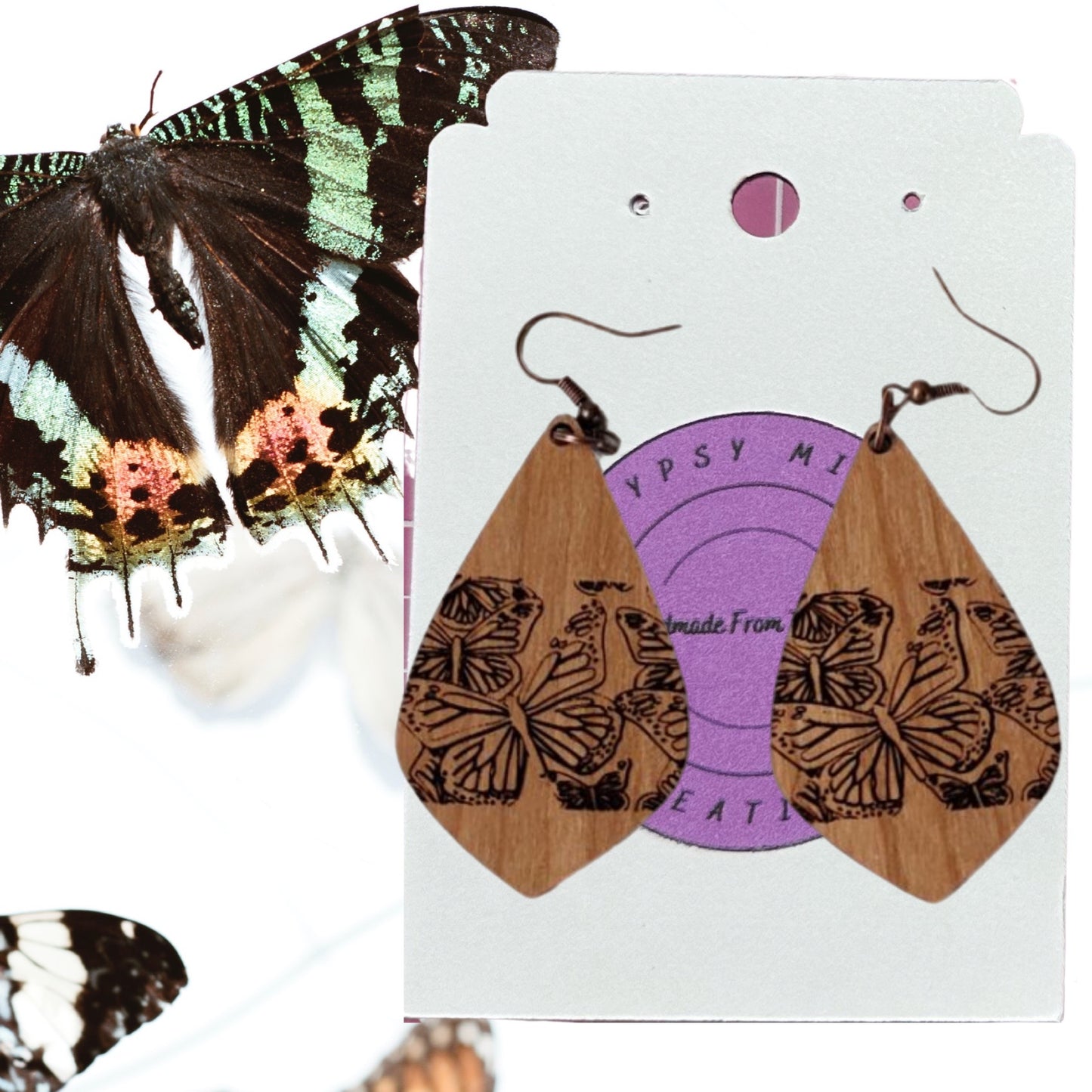 Butterfly Pattern Teardrop Laser Cut Lightweight Wood Earrings