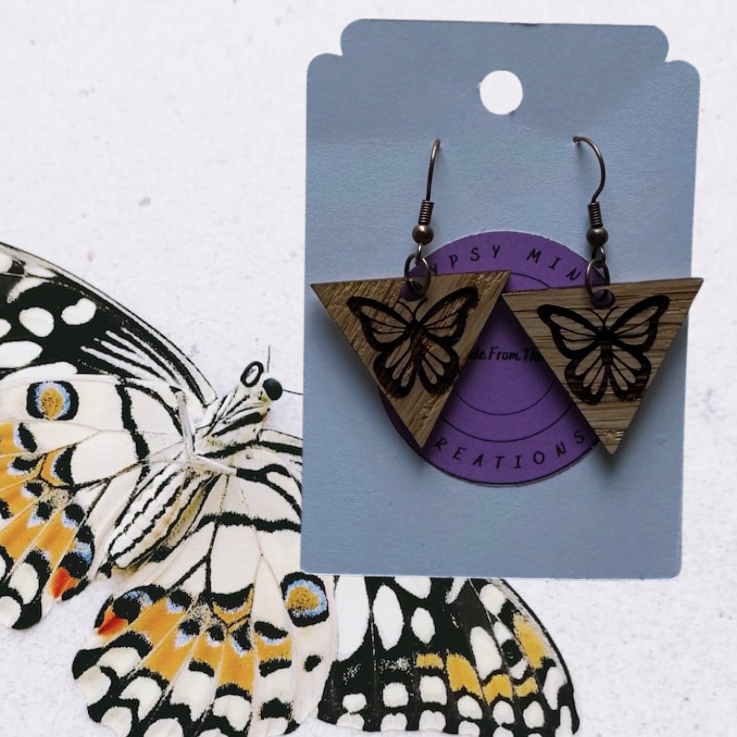 Butterfly Triangle Laser Cut Lightweight Wood Earrings