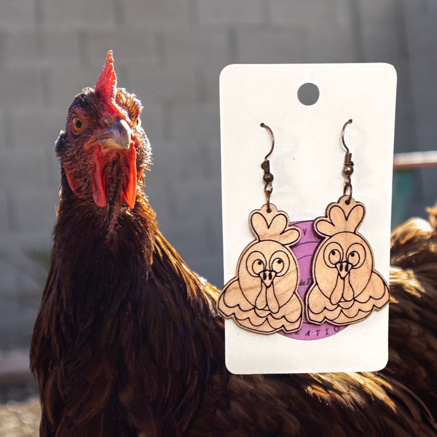Chicken Dangle Laser Cut Lightweight Wood Earrings
