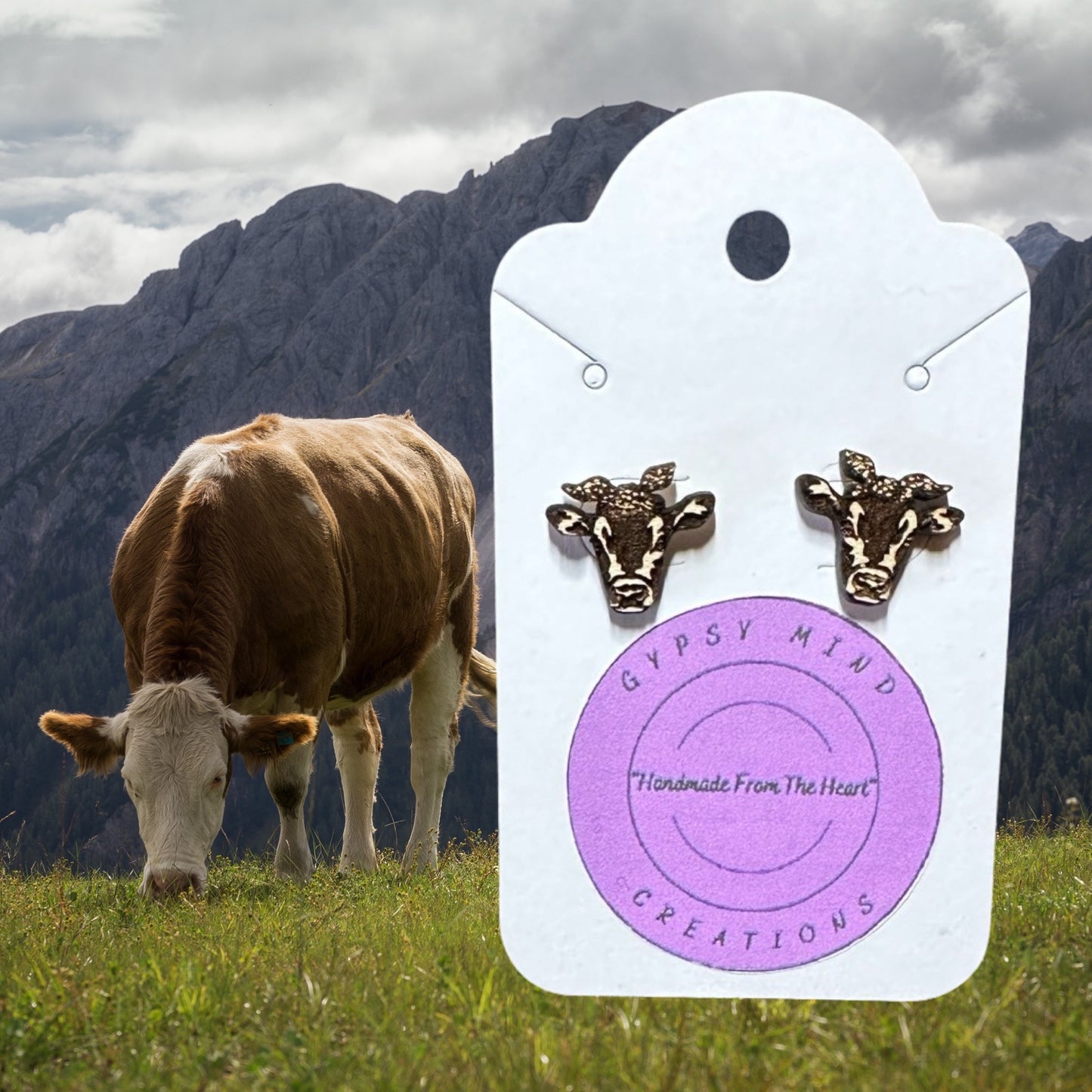 Cow With Bandana Stud Laser Lightweight Wood Earrings