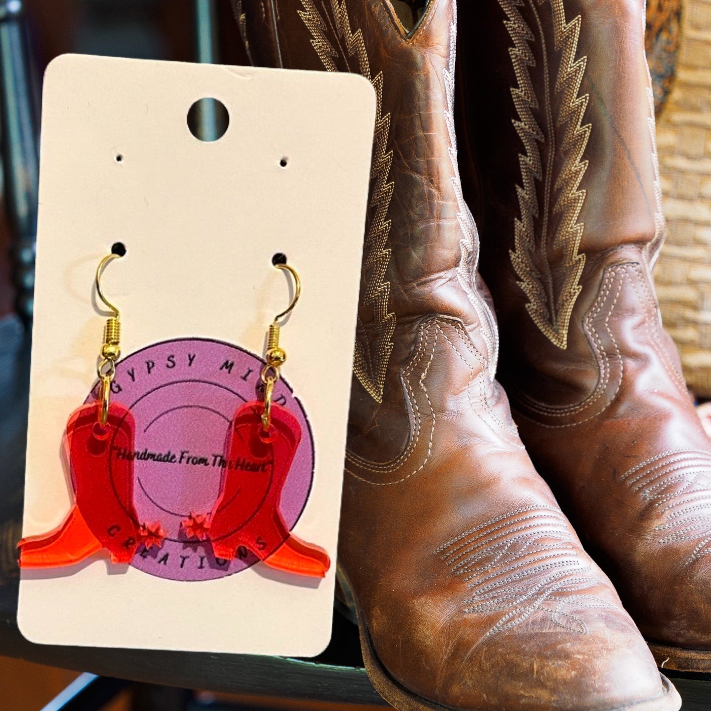 Pink Cowboy Boot Pendant Bead Necklace & Earring Set