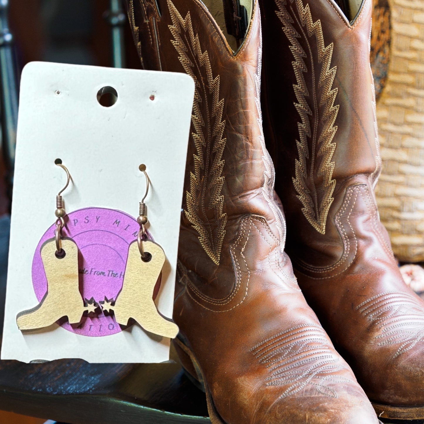 Cowboy Boot Laser Cut Lightweight Wood Earrings