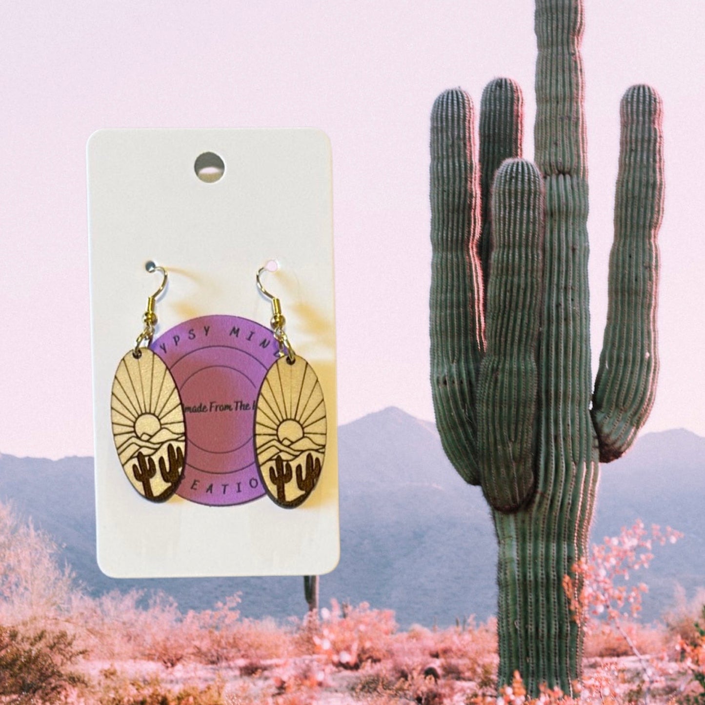 Desert Cactus Sunset Dangle Laser Cut Lightweight Wood Earrings