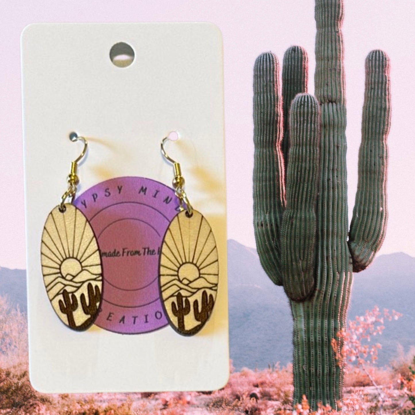Desert Cactus Sunset Dangle Laser Cut Lightweight Wood Earrings