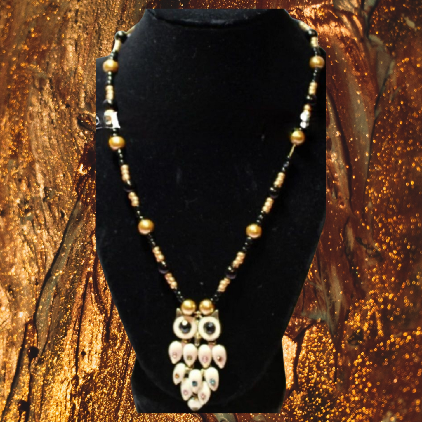 Gold Owl Pendant Bead Necklace