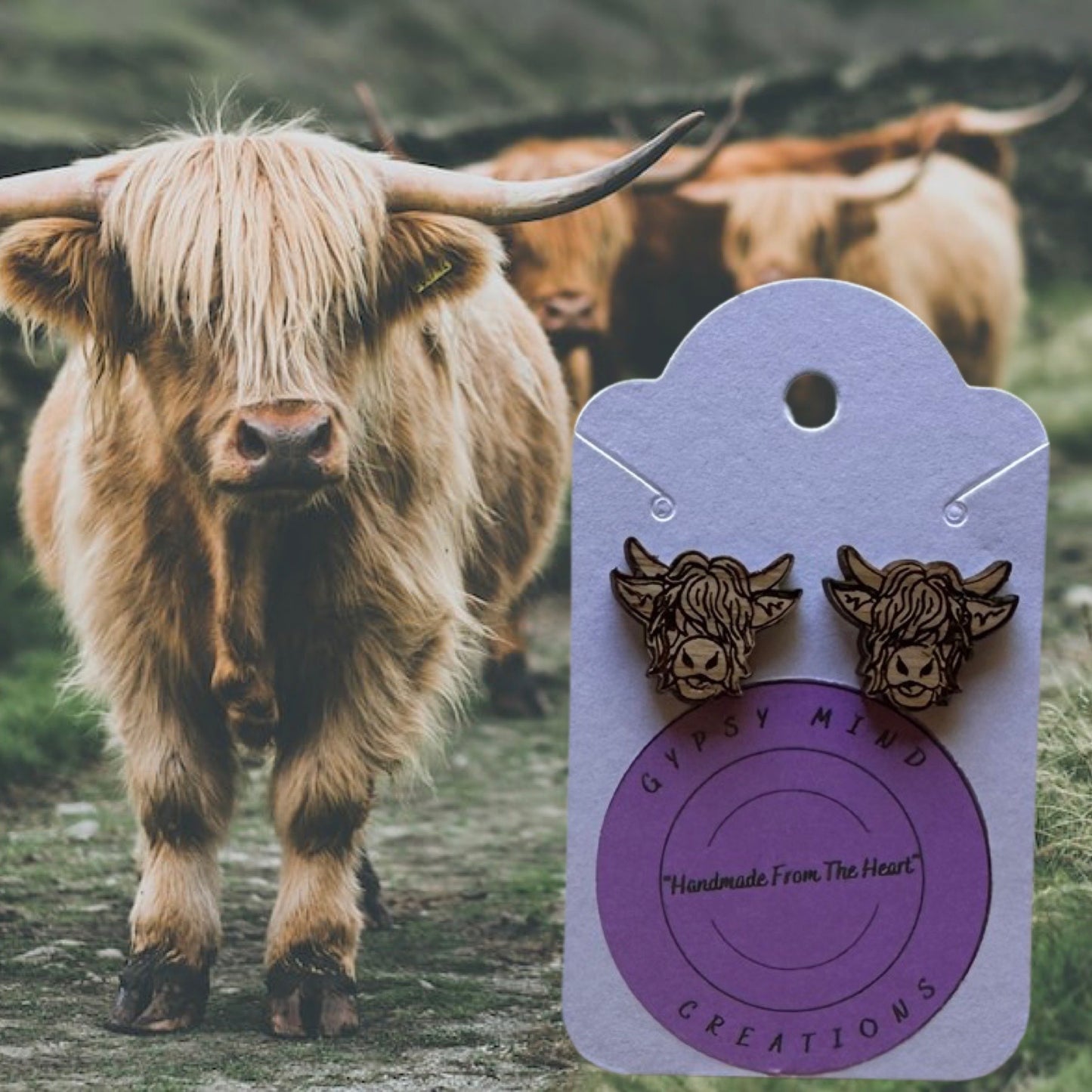 Highland Cow Laser Cut Lightweight Stud Wood Earrings