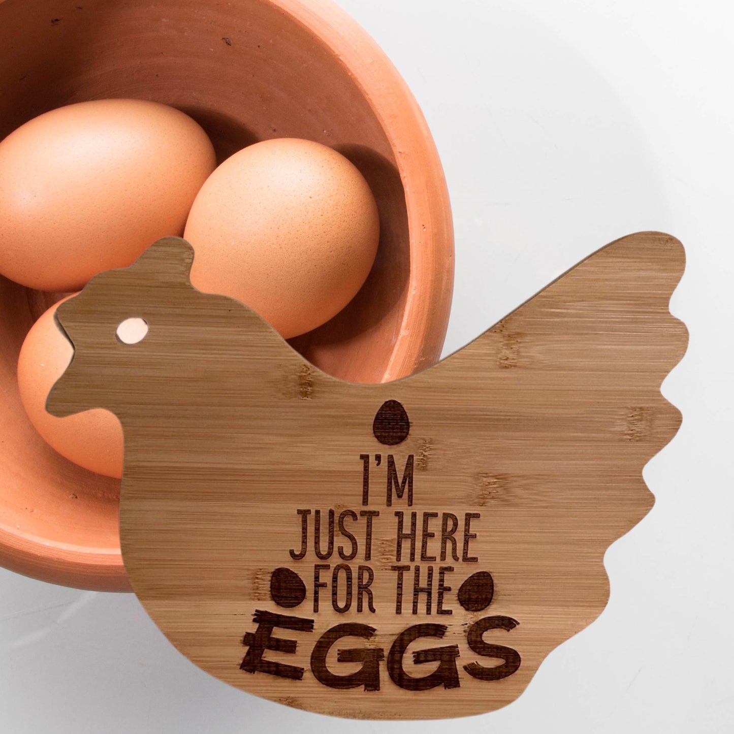 I'm Just Here Laser Engraved Hen Shaped Bamboo Cutting Board