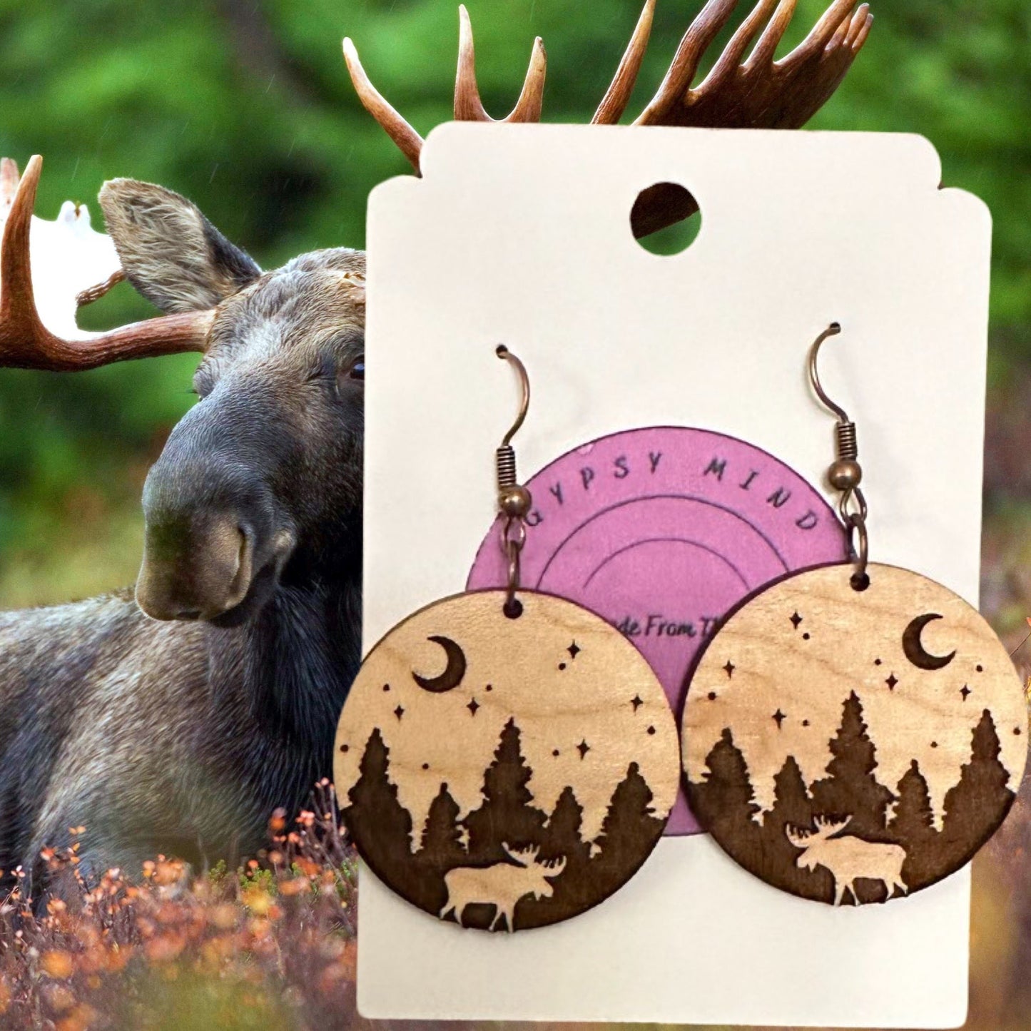 Moose In Forest Laser Cut Lightweight Wood Earrings