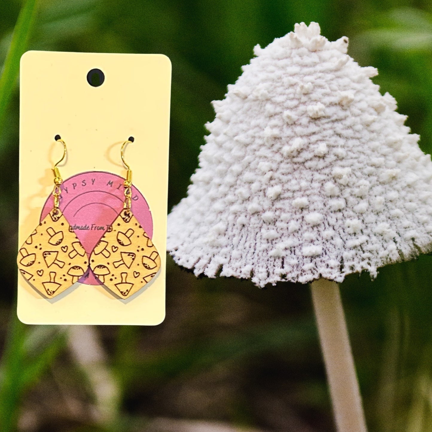 Mushroom Engraved Teardrop Laser Cut Lightweight Wood Earrings