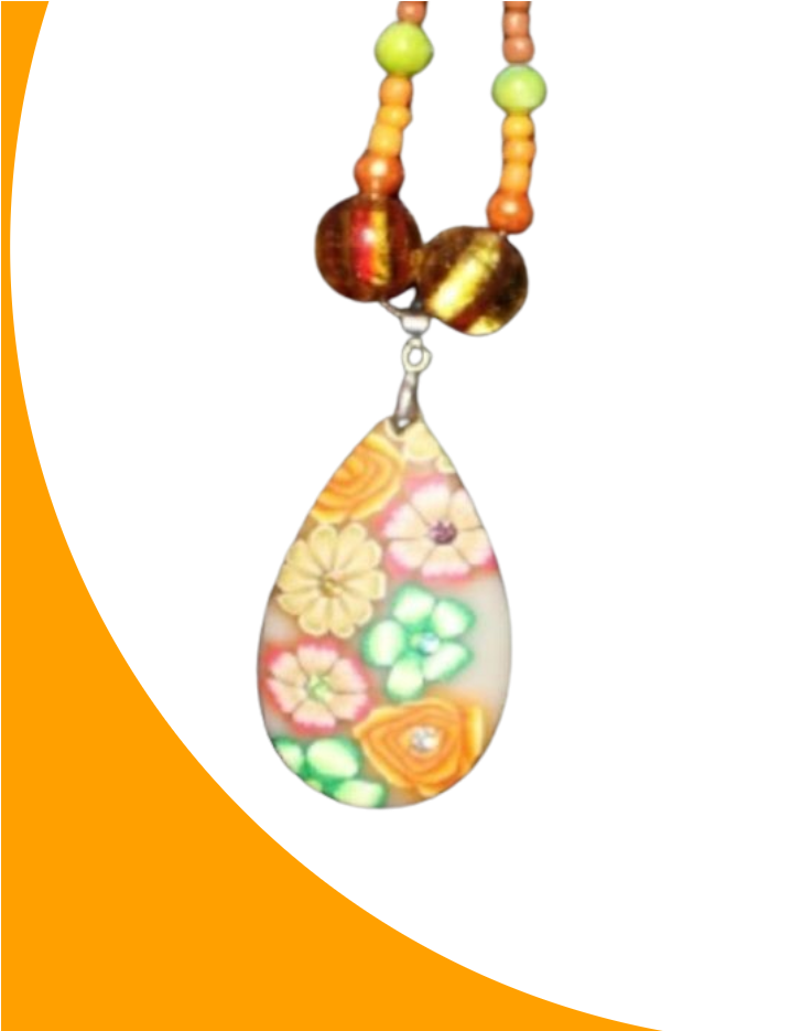 Orange Flowered Clay Pendant Bead Necklace