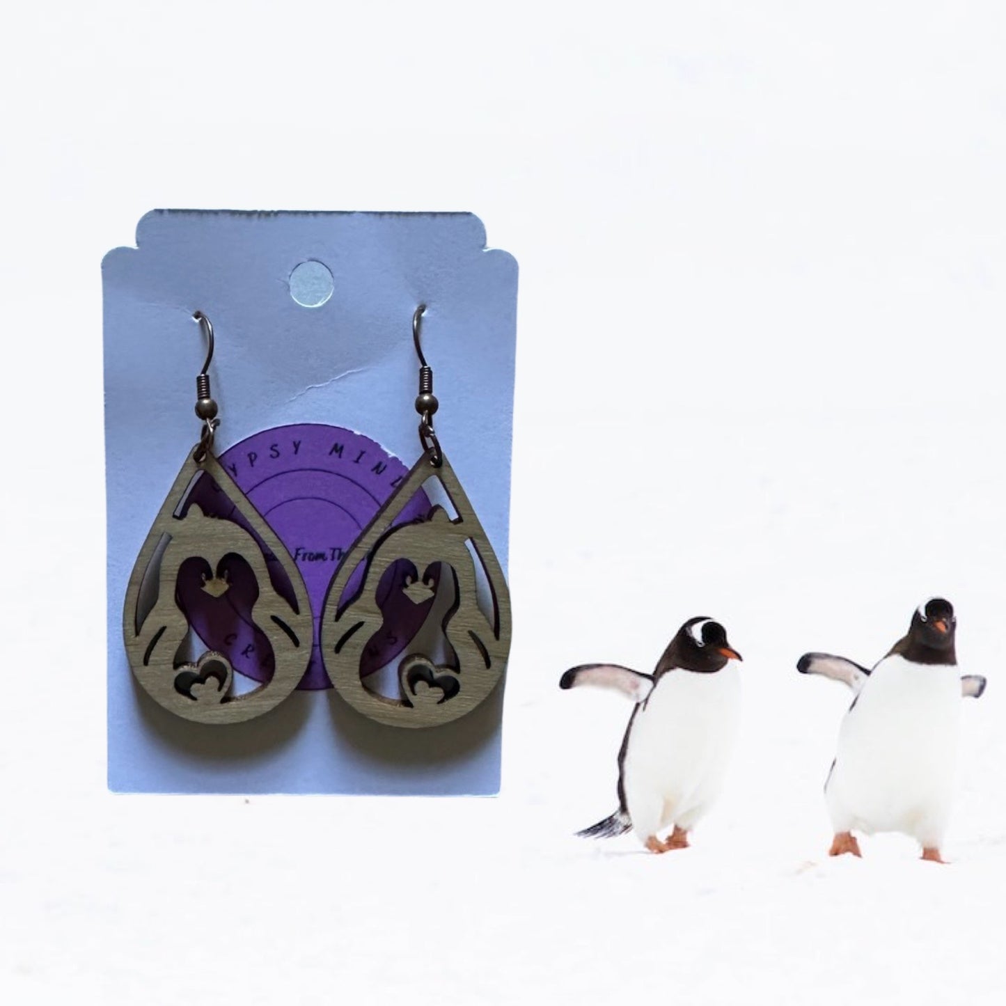 Penguin Heart Laser Cut Lightweight Wood Earrings