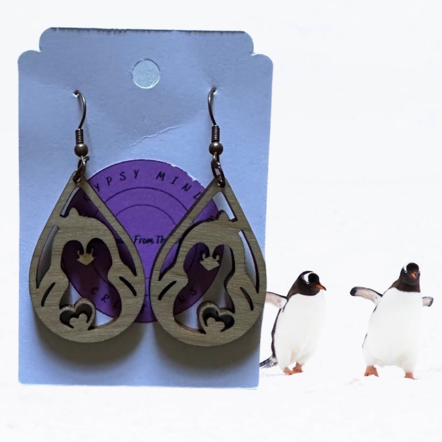 Penguin Heart Laser Cut Lightweight Wood Earrings