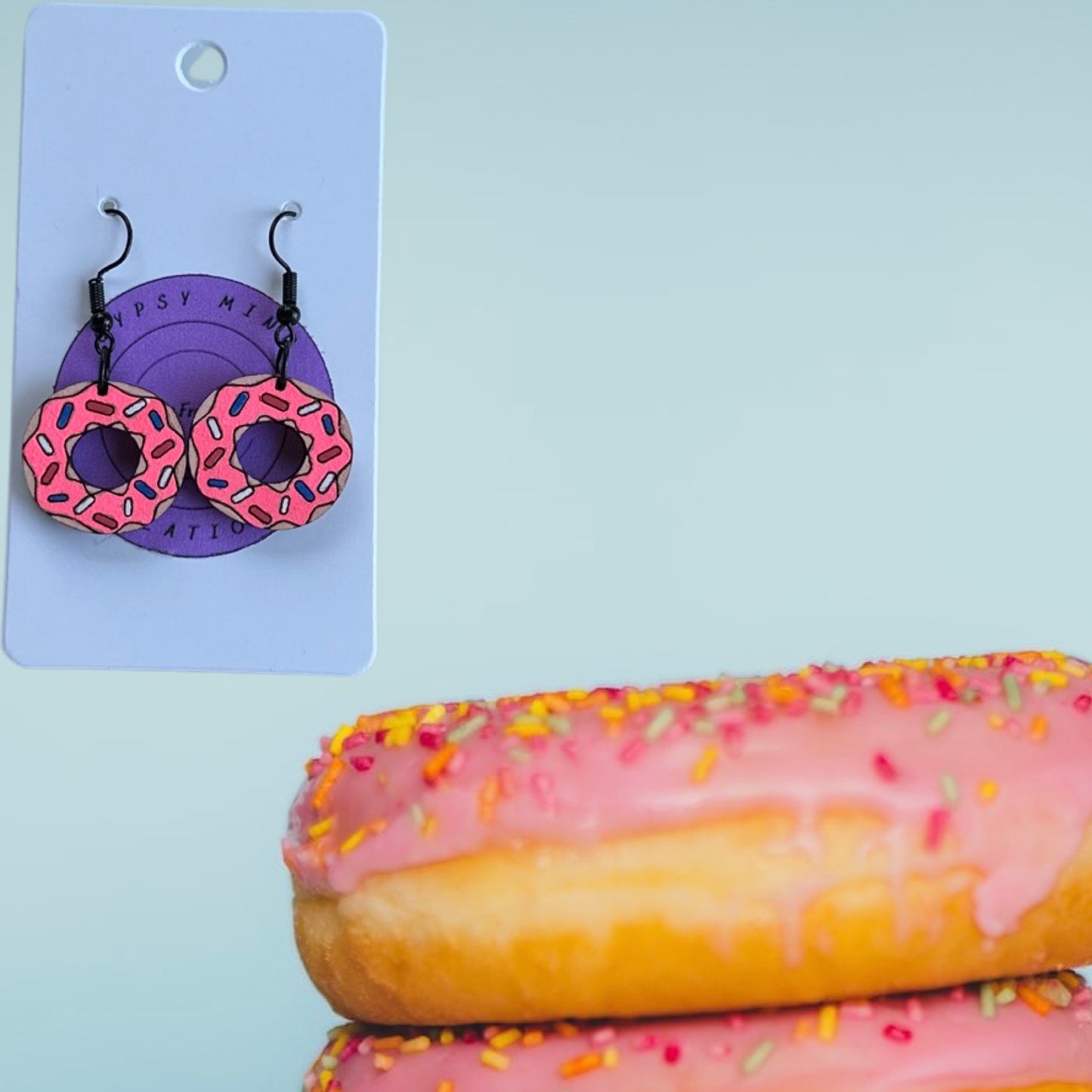 Pink Frosted Sprinkle Doughnut Laser Cut Lightweight Painted Wood Earrings