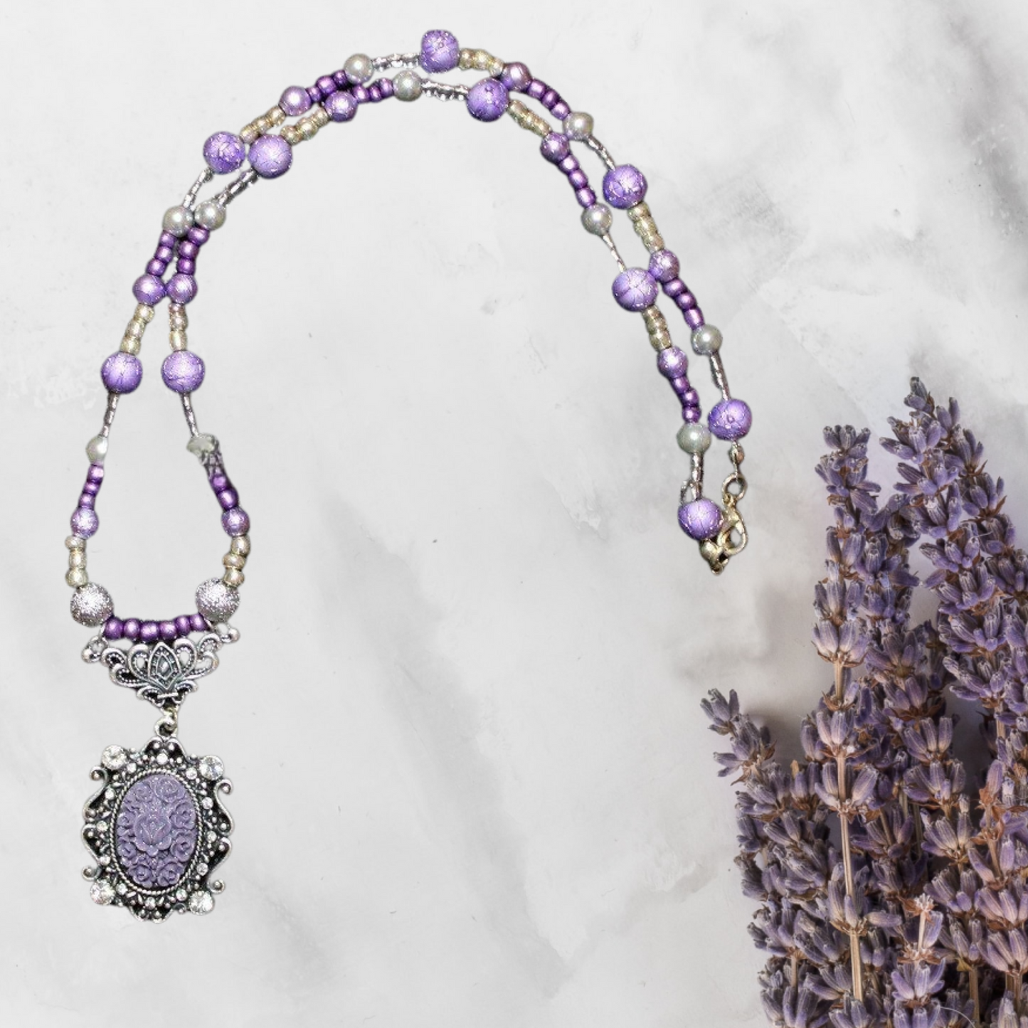Purple Rose Cameo Pendant Bead Necklace