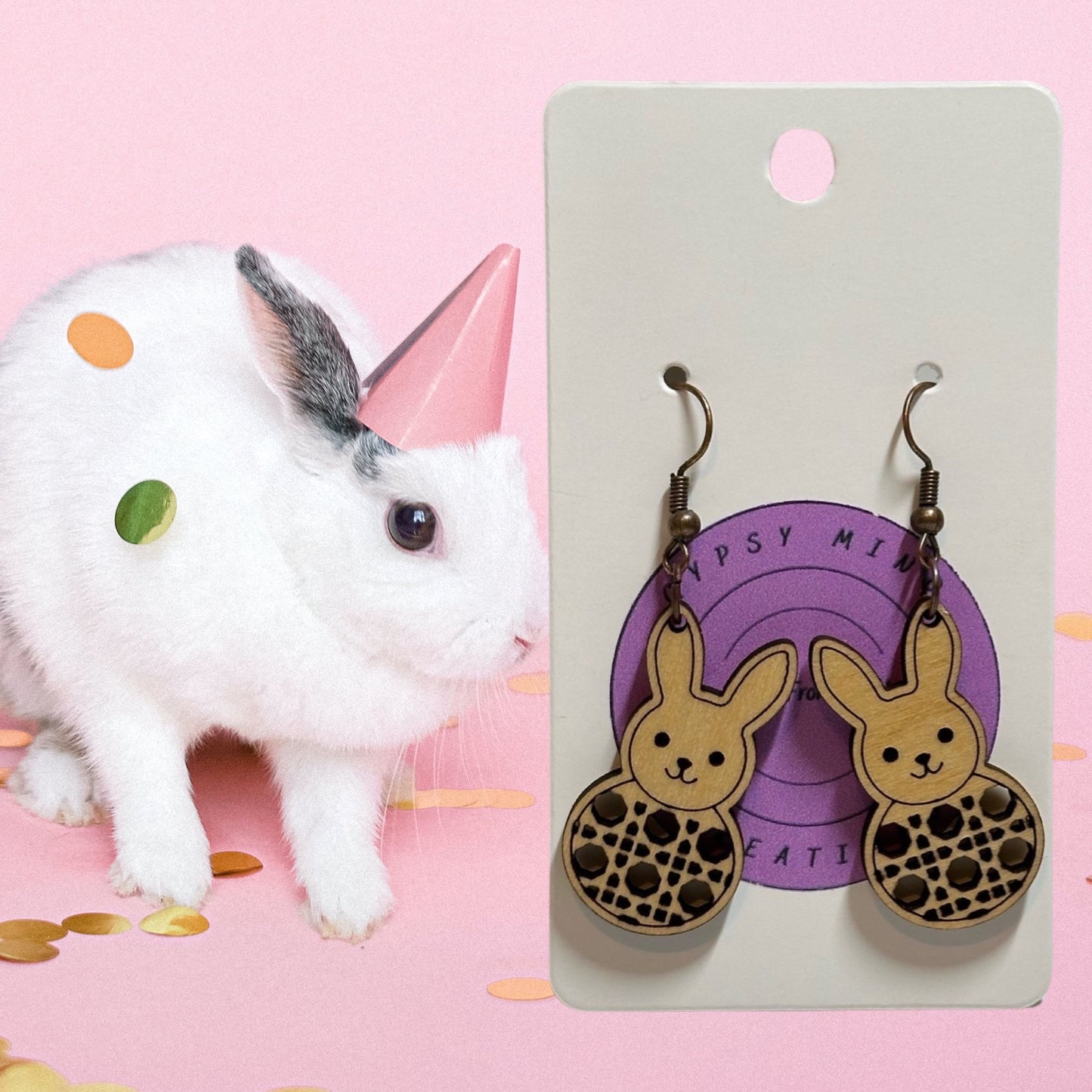 Rattan Bunny Laser Cut Lightweight Wood Earrings