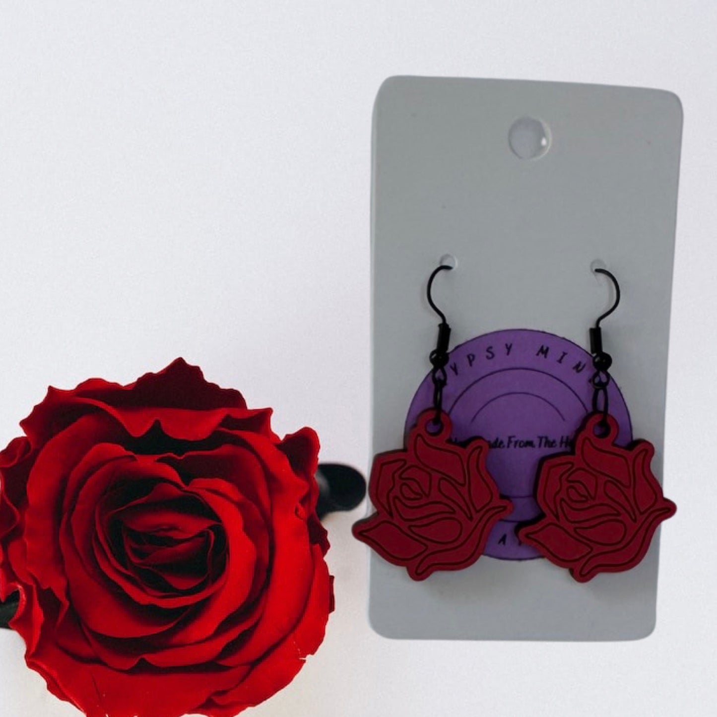 Red Rose Laser Cut Lightweight Painted Wood Earrings