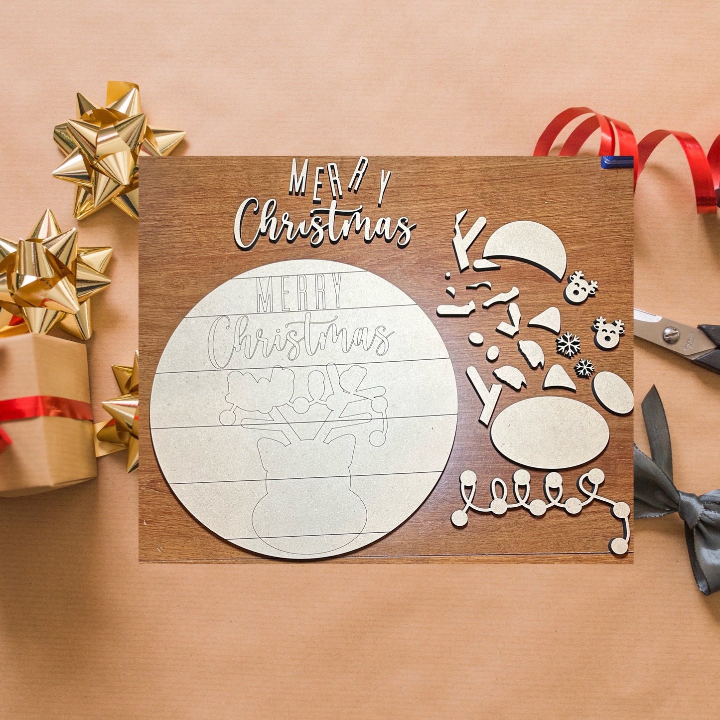 Reindeer Merry Christmas DIY Laser Cut Wood Sign Craft Paint Kit