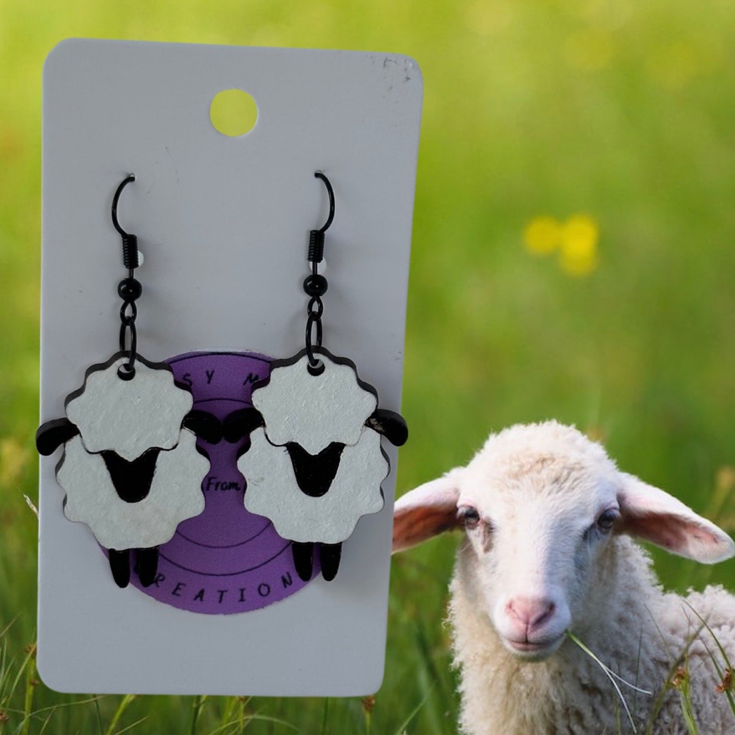Sheep Dangle Laser Cut Lightweight Painted Wood Earrings