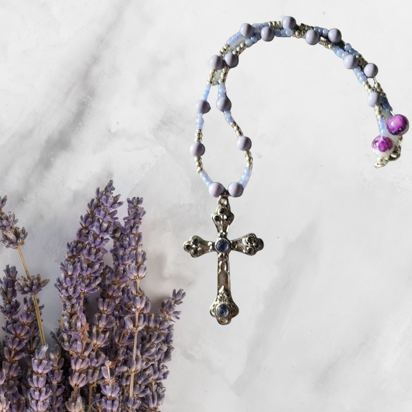 Lavender and SIlver Cross Pendant Bead Necklace & Earring Set
