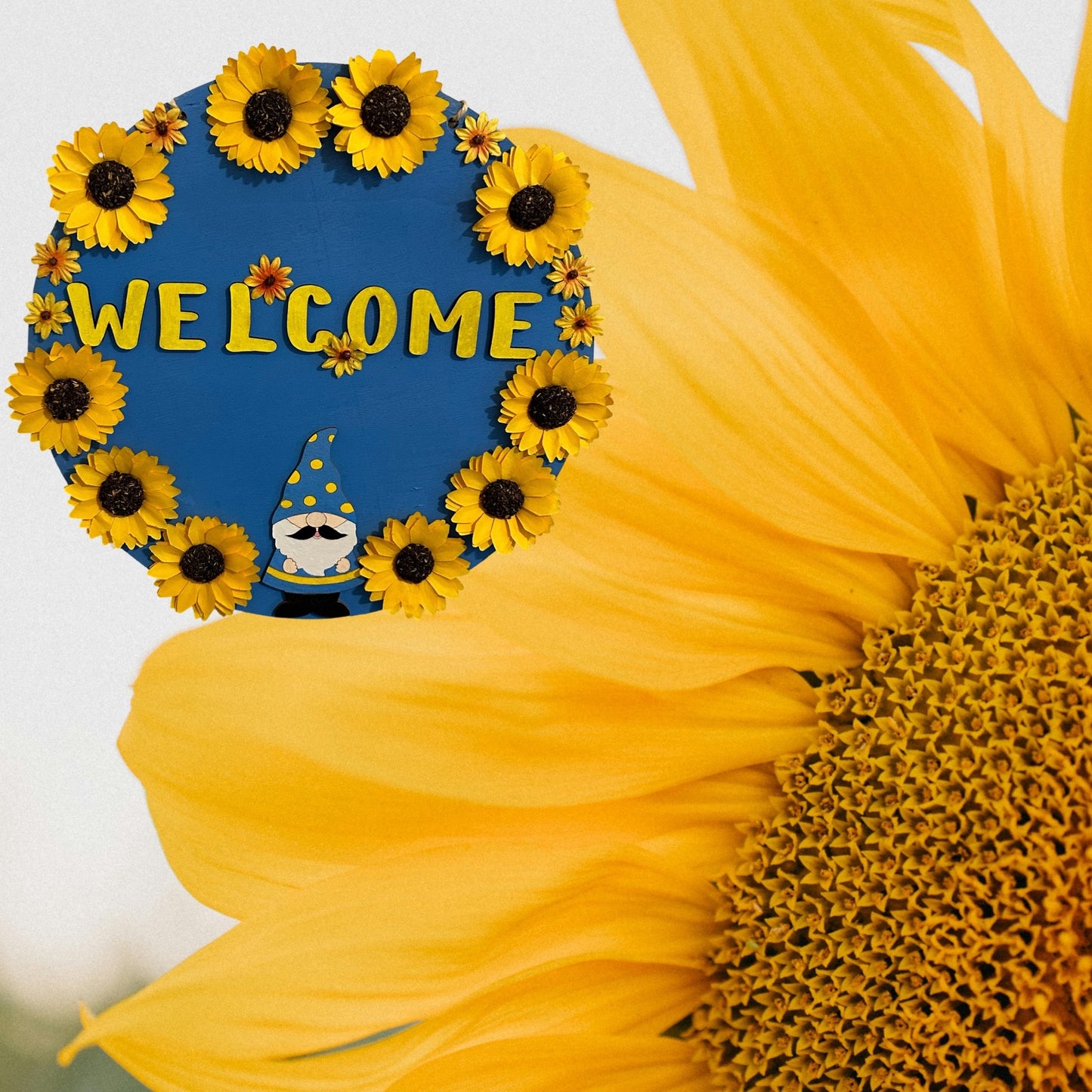 Welcome Gnome Sunflower Lightweight Painted Wood Sign