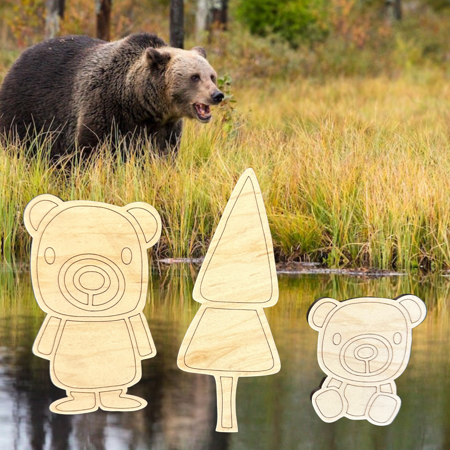 Whimsical Bear Laser Cut Lightweight Wood Magnets Set of 3