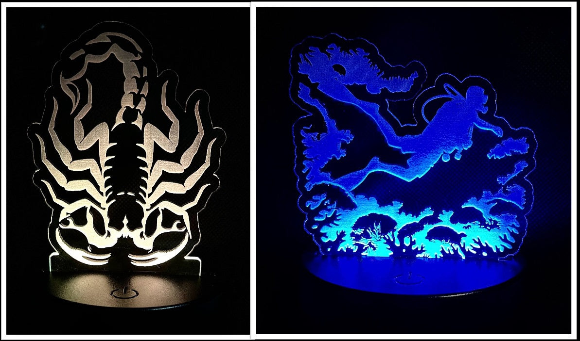 Clear Acrylic LED Tabletop Light With Color Changing Base- Multiple Designs