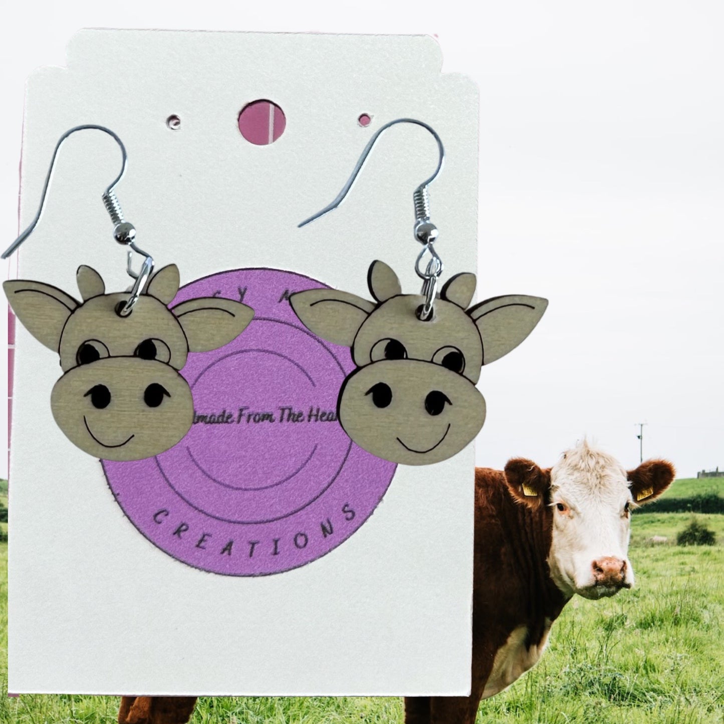 Beloved Bessie Cow Head Laser Cut Lightweight Wood Earrings