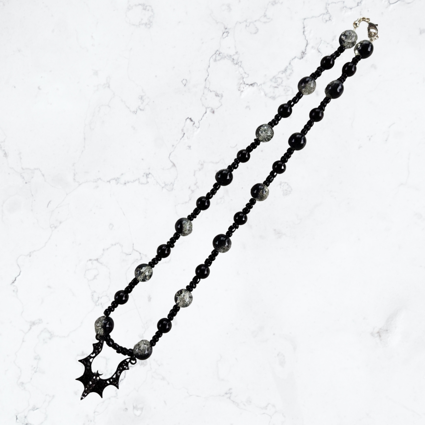 Black Bat Pendant Bead Necklace