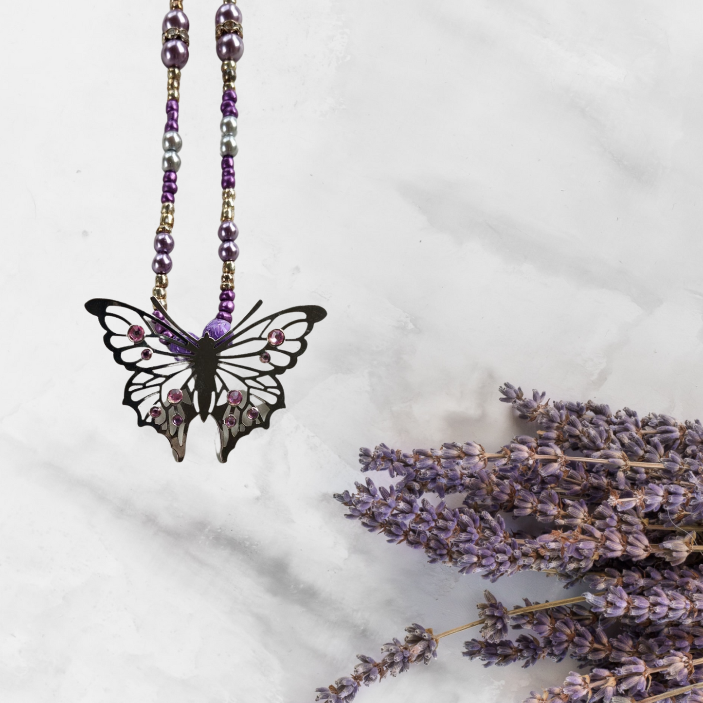 Lilac & Silver Butterfly Pendant Bead Necklace