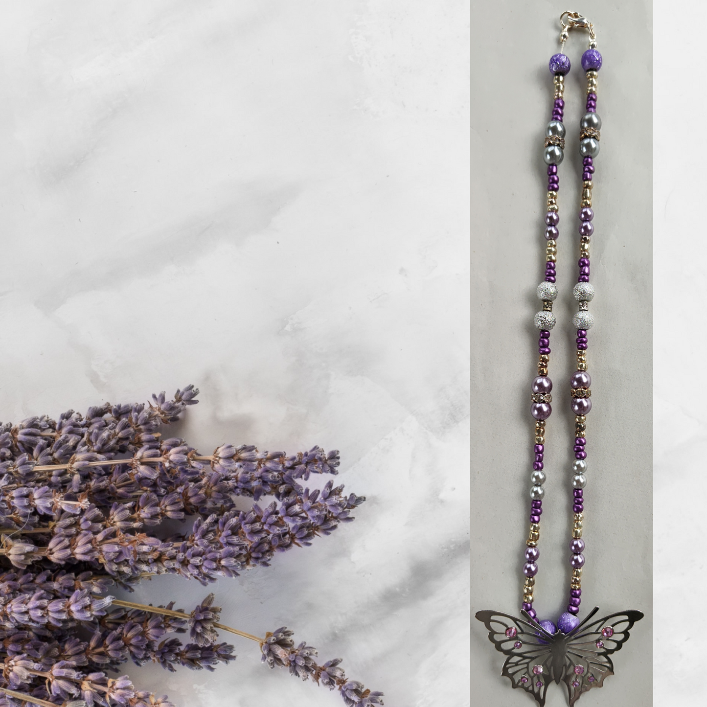 Lilac & Silver Butterfly Pendant Bead Necklace